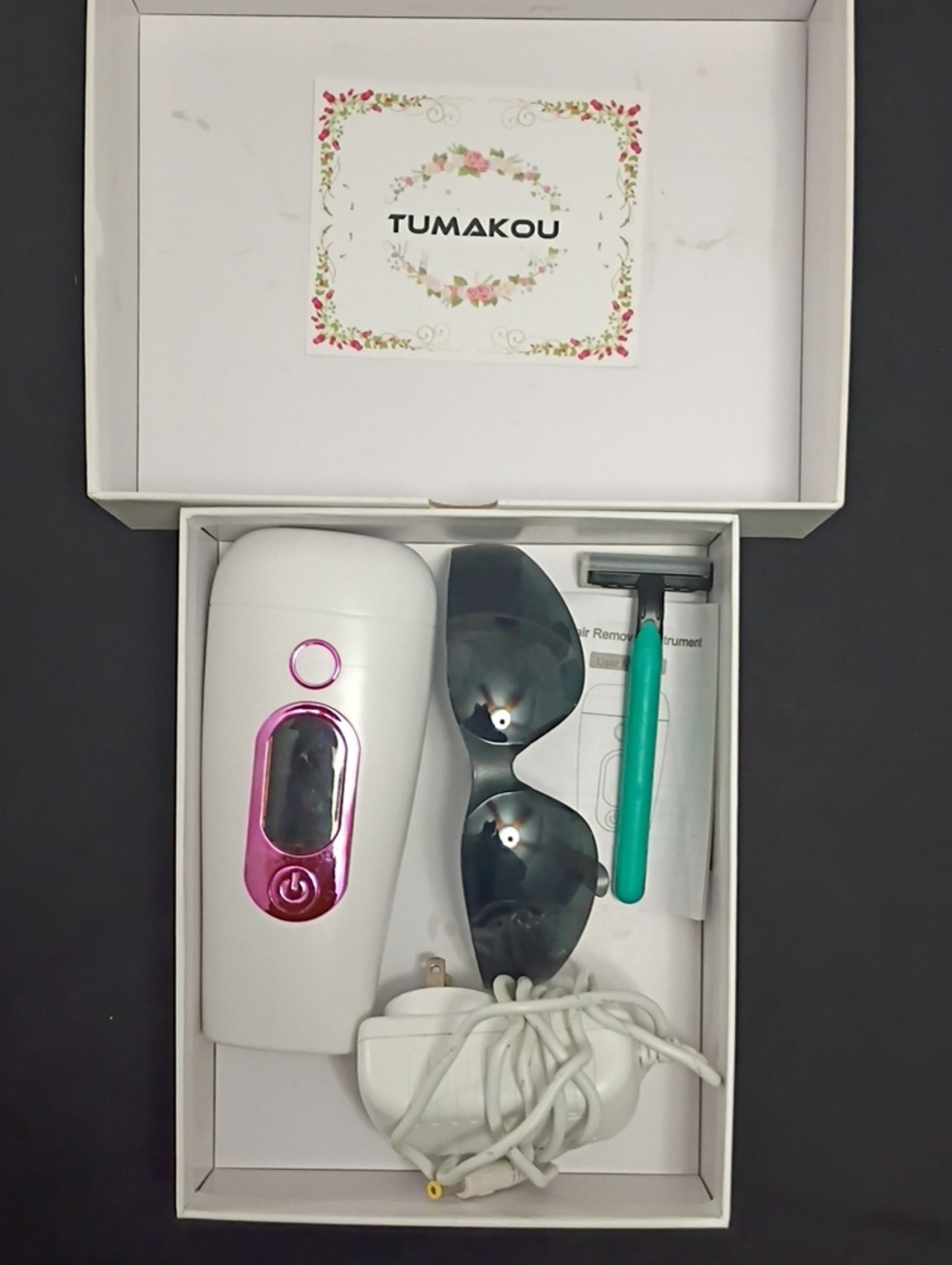 TUMAKOU IPL Hair Removal Device with Accessories - White & Pink Accents